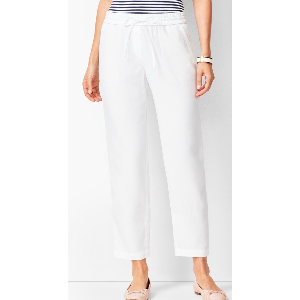 Talbots White‎ Cotton Tencel Drawstring Capri Pants Petite 12P Elastic Waist